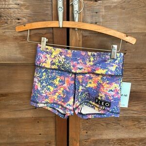FLEO XS (YL) women’s athletic/gymnastics/tumbling shorts, purple/pink/yellow NWT